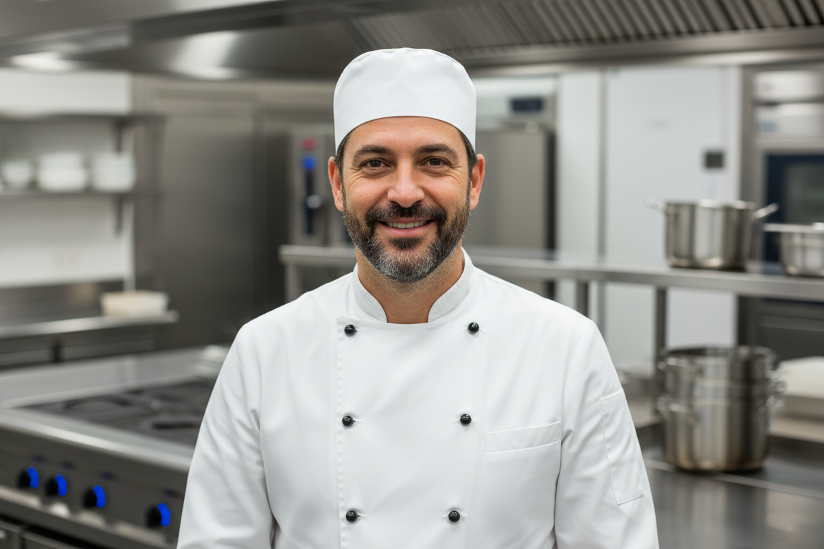 der Koch soll groß /näher zusehen eine kleine Mütze und knöpfe von der Kochjacke soll schwarz sein